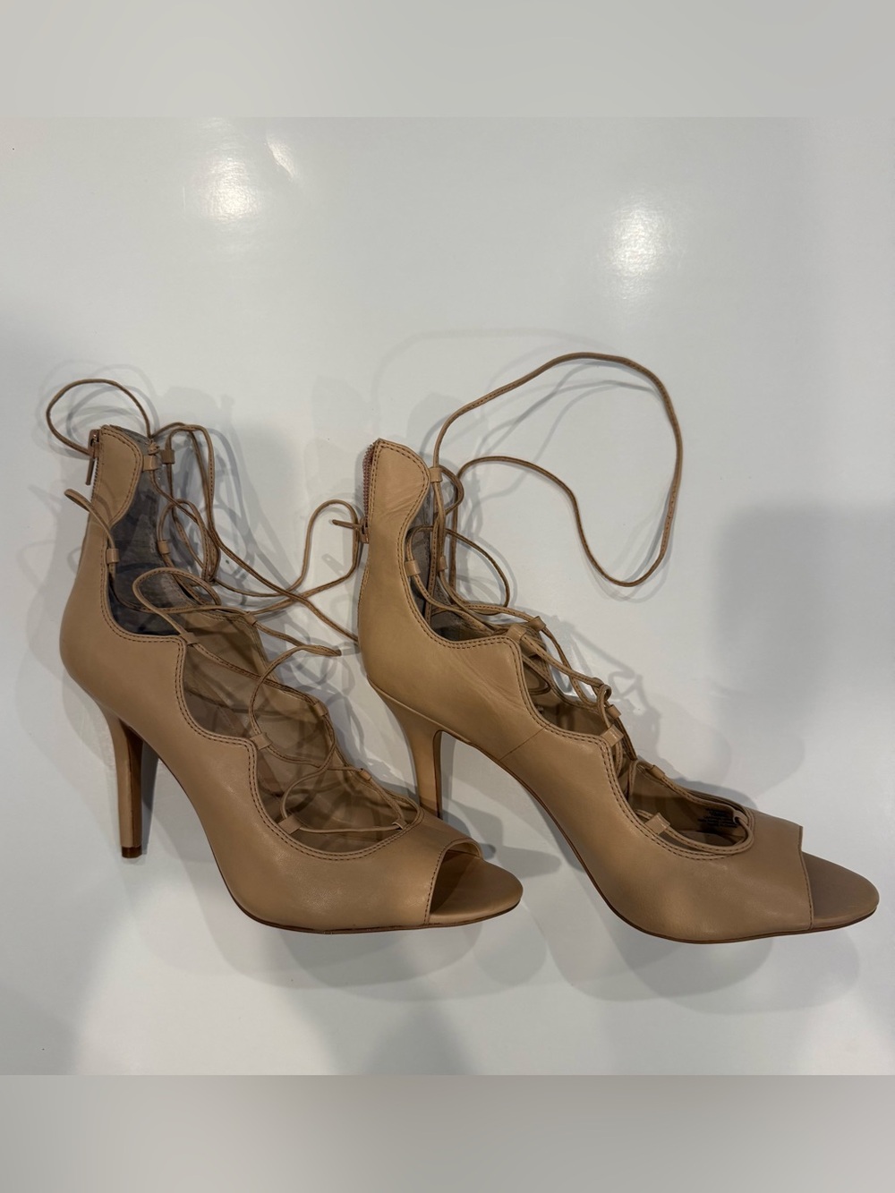 Vince Camuto Sandria Lace-Up Peep Toe Heels in Light Tan 10